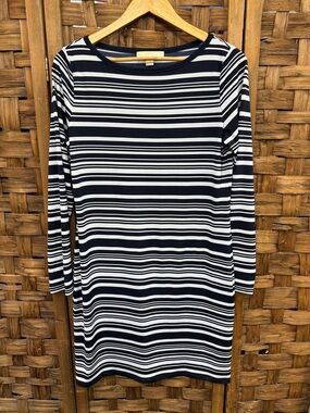 Michael Kors Navy and White Striped Long-Sleeve Shift Dress